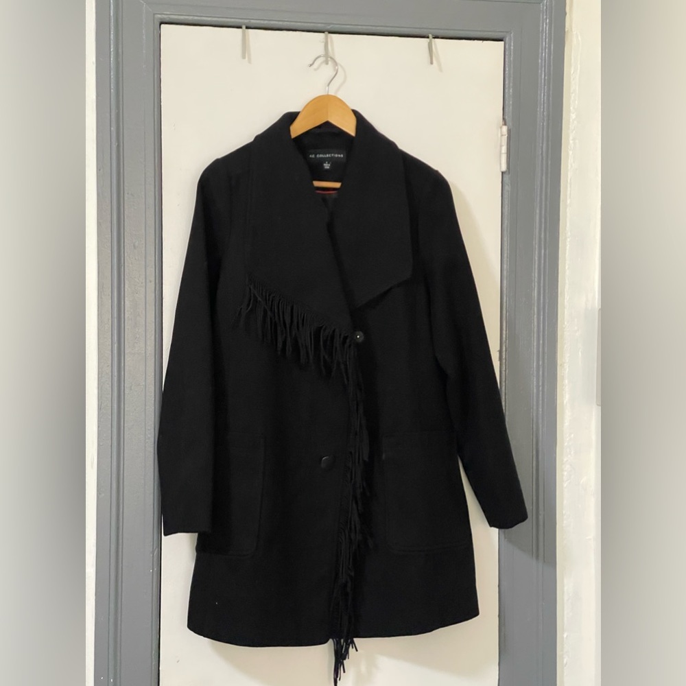 KC Collection Black Peacoat with Fringe Detail